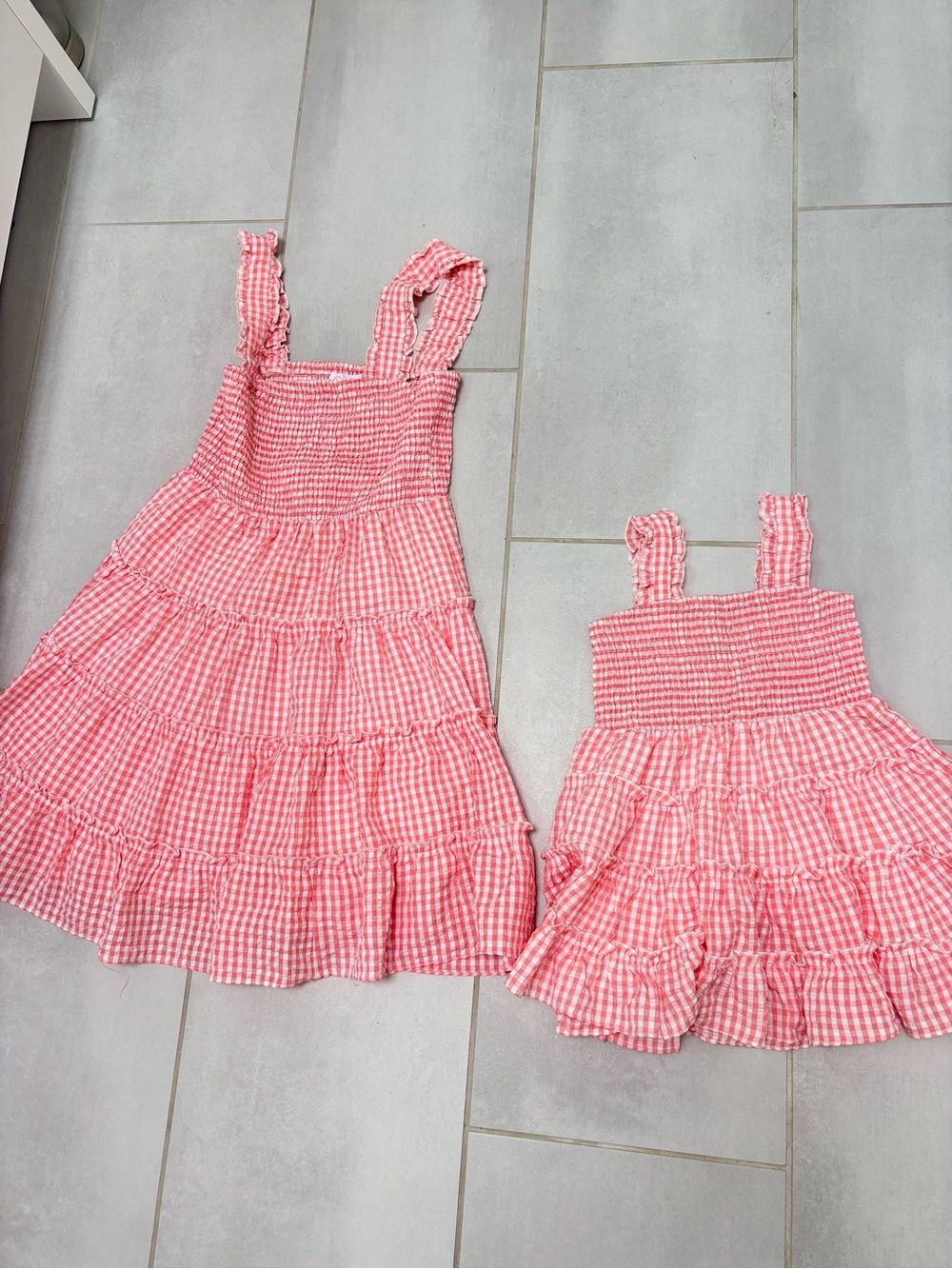 Mommy & Me Pink Lily Pink Gingham Smocked Ruffle Dress (2 pieces- Size S & S 5/6